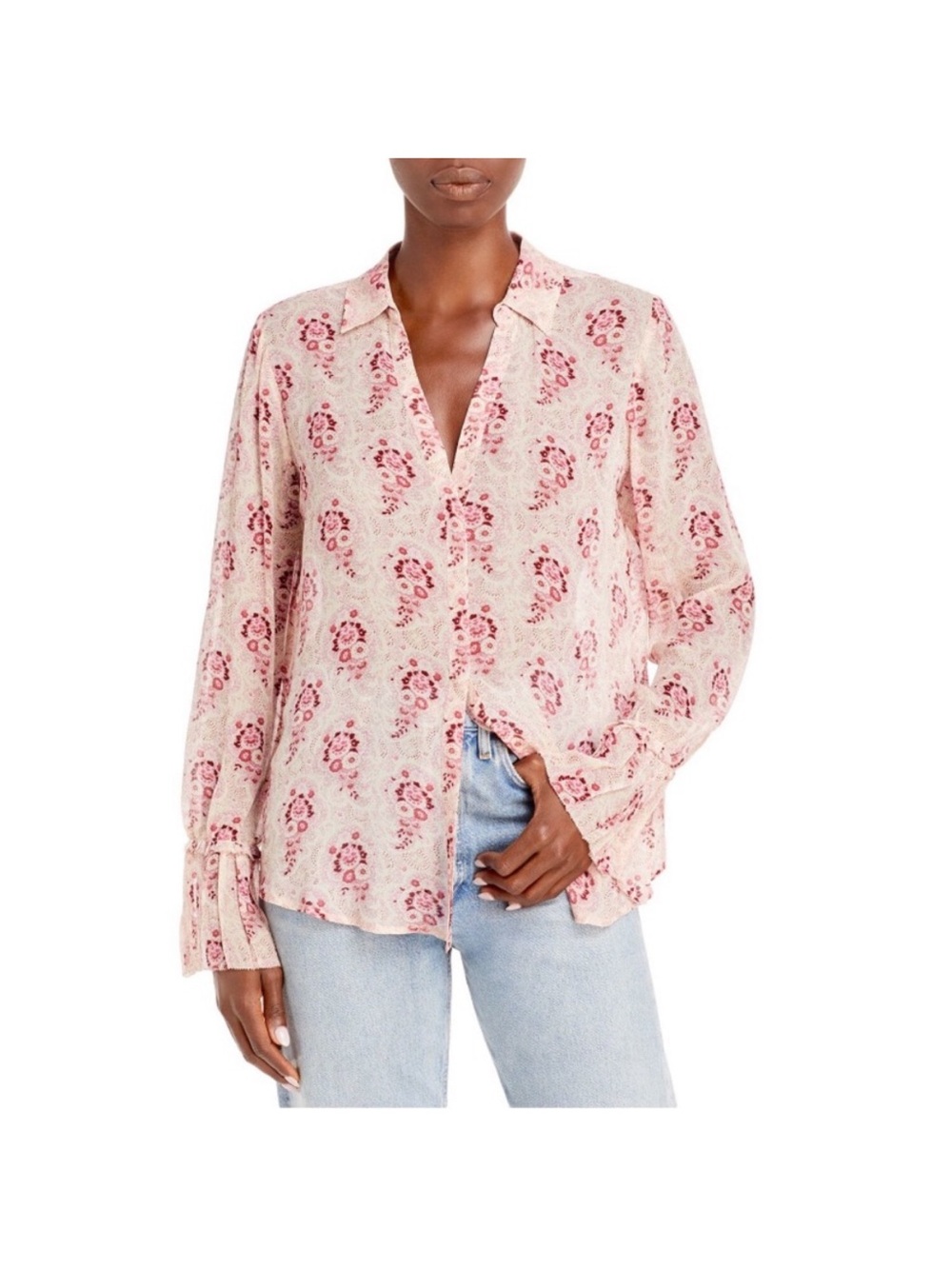 PAIGE  100% Silk Georgette Abriana Semi Sheer Women’s Pink Floral Blouse